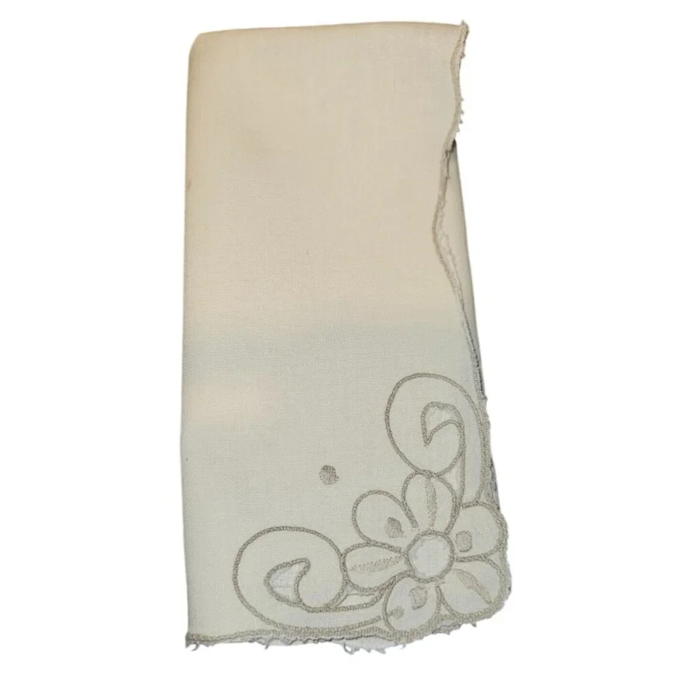 7‎ Vintage Napkins Embroidered Floral Beige Cloth Scalloped Edges 12x12